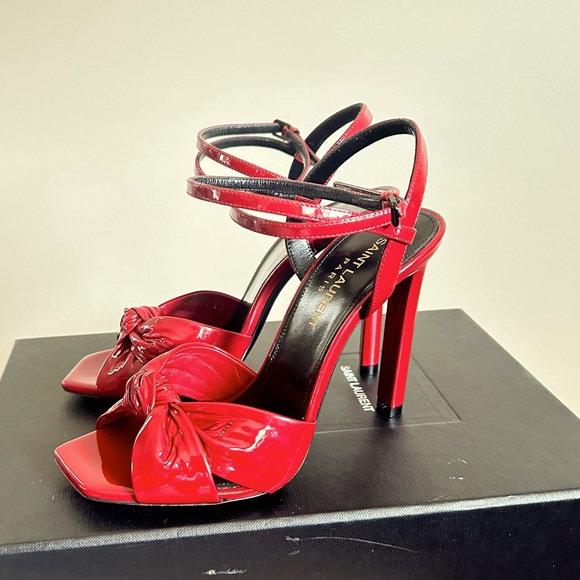 Saint Laurent NWOB Designer Amy Patent Leather Bow Ankle-Strap Sandals Size 35.5 - Picture 7 of 14